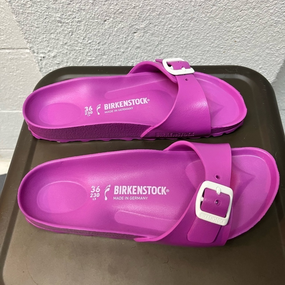 Birkenstock Pink/Purple Slide Sandals with White Buckle - Picture 2 of 5